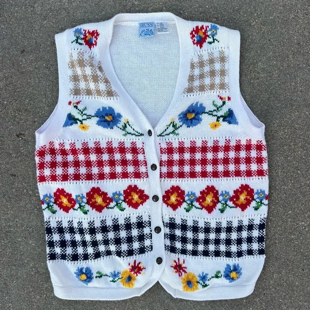 Vintage 90s Russ White Primary Color Floral Knit Herringbone Check Sweater Vest